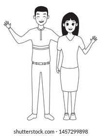 Young man and woman couple smiling and greeting cartoon vector illustration graphic design