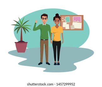 Young man and woman couple smiling and greeting cartoon inside office with plant pot and corkboard vector illustration graphic design.