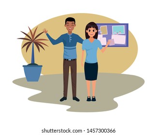 Young man and woman couple smiling and greeting cartoon inside office with plant pot and corkboard vector illustration graphic design.