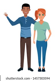 Young man and woman couple smiling and greeting cartoon vector illustration graphic design