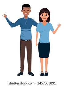 Young man and woman couple smiling and greeting cartoon vector illustration graphic design
