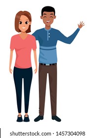 Young man and woman couple smiling and greeting cartoon vector illustration graphic design