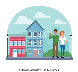 Young man and woman couple smiling and greeting cartoon in city neighborhood scenery with houses vector illustration graphic design.