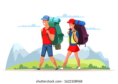 Young man and woman couple tourists with poles backpacks travelling in mountains. Climbing, trekking, hiking, walking, camping. Adventures on nature. Sports and healthy lifestyle. Vector illustration