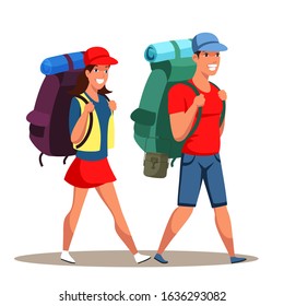 Young man and woman couple tourists with poles backpacks travelling. Climbing, trekking, hiking, walking, camping. Adventures on nature. Sports and healthy lifestyle. Vector illustration