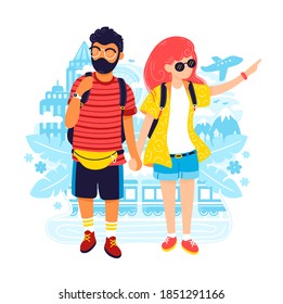 Pareja joven y pareja de mujeres en viaje. Diseño de icono de ilustración de caricaturas planas de moda vectorial moderno. Traslado de familias multirraciales, viajes, vacaciones, concepto de turismo. Aislado sobre fondo blanco