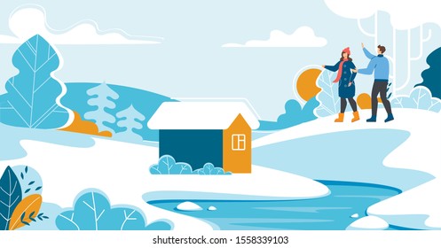Young Man and Woman Couple Wearing Warm Clothes Walking in Snowy Forest or Garden. Loving Family Rest in Countryside on Winter Holidays. Flat Cartoon Country House and River. Vector Illustration