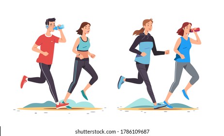 Young man & woman couples jogging. Drinking water hydrating set. Joggers run listening to music. Training, working out outdoors. Healthy sport lifestyle. Flat vector running character illustration