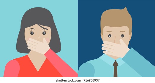 Young man and woman covering their mouth by hand, vector illustration. Human emotion face expression