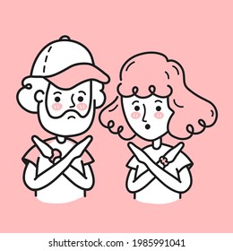 Young man and woman crossing arms and saying no gesture. Vector doodle cartoon character illustration. Person making X shape, stop sign with hands and negative expression