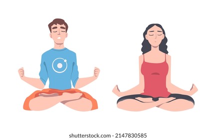 Young Man and Woman Cross-legged Sitting in Padmasana or Lotus Position Practicing Mediation Vector Set