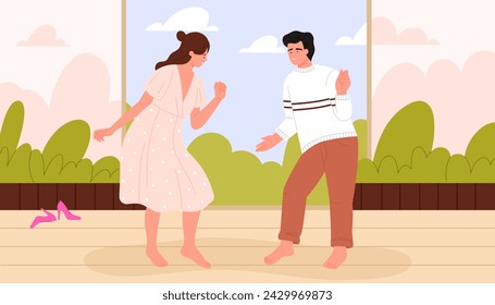 Hombre y mujer jóvenes bailan en la terraza al aire libre de la casa descalzos. Pareja feliz en ropa cómoda bailando al aire libre fresco del verano y sonriendo, disfrutando del tiempo juntos ilustración vectorial de dibujos animados