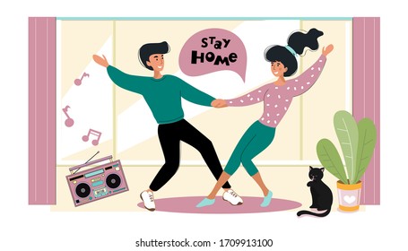 A young man and woman is dancing at home. Concept quarantine. Stay home stay safe. Vector flat style illustration