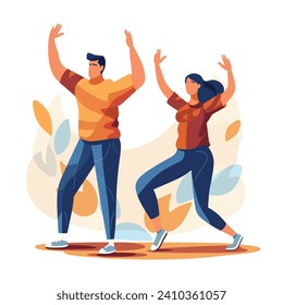 Joven hombre y mujer bailando alegremente juntos, pareja feliz con ropa informal haciendo un baile. Movimientos de danza enérgica, ilustración vectorial de la juventud alegre