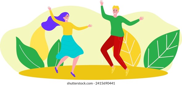 Young man and woman dancing joyfully in a park, surrounded by large stylized leaves, expressing happiness. Cheerful couple enjoying dance, outdoor activity concept vector illustration.