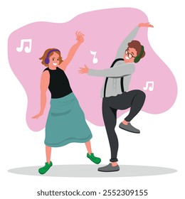 Young Man and Woman Dancing to Music Moving Body Vector Illustration.