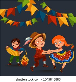 Young man and woman dancing salsa on summer festivals celebrated in Brazil Festa Junina, man in straw hat traditional fiesta dance, holiday party dancer, festive people carnaval concept vector illustration