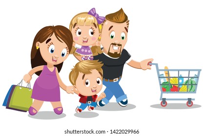 Young man and woman with daughter and son walking in supermarket. Family keeping lots of bags, cart with purchases and enjoying shopping in mall. Cartoon vector illustration isolated on white.