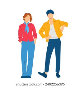   Young man and woman , different colors, cartoon character, couple of silhouettes of standing business people, students, design concept of flat icon, isolated on white background