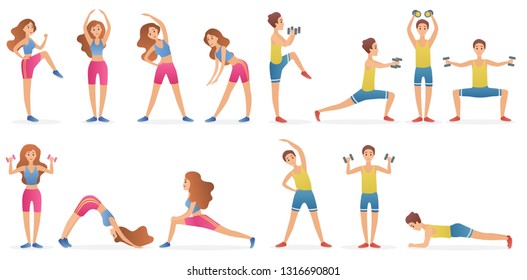 Young man and woman different gymnastic poses and yoga asana set isolated on white background. Healthy lifestyle sport cartoon vector illustration.