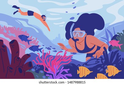 Young man and woman in diving masks swimming in sea or ocean and observing coral reef. Pair of snorkelers watching marine fauna. Underwater recreational activity. Flat cartoon vector illustration.