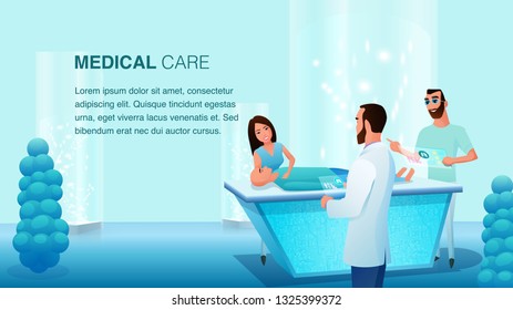 Young Man Woman Doctor Team at Operation Table. Patient Wait for Treatment. Hospital Worker Discussion Process. Future Medicine Healthcare Service. Medical Care. Flat Cartoon Vector Illustration