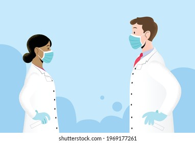 Young man and woman doctors team profile portrait flat vector. Doctors with hands on hips wearing protective surgical blue masks. Protection against coronavirus. Team work concept.