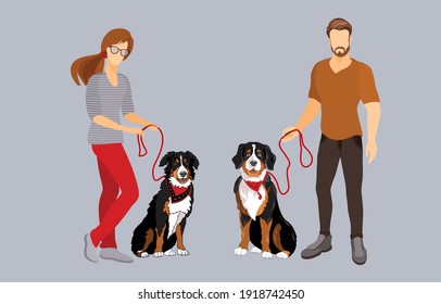 Young man and woman with dogs. Pet owners. Vector illustration.