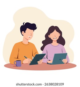 A young man and woman are doing creative design work