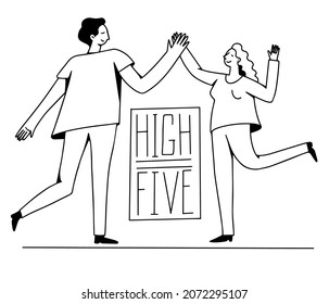 Young man and woman doing high five. Flat vector illustration isolated in black and white