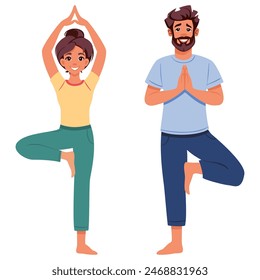 Young man and woman doing yoga tree pose Vrikshasana. Fitness concept. Flat vector illustration on white This is a hand-made image, without the use of Artificial Intelligence