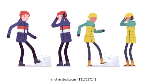 Young man and woman in down jacket in negative emotions, unhappy wearing soft warm winter clothes, classic snow boots and hat. Vector flat style cartoon illustration isolated on white background