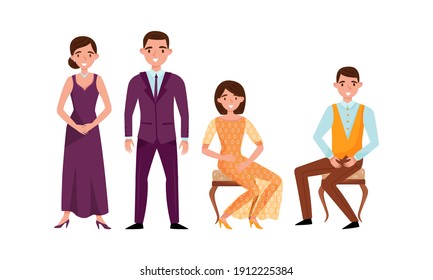 Young Man and Woman Dressed in Elegant Attire Sitting and Standing Vector Set