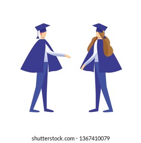 Young Man and Woman Dressed in Mantles and Academical Caps Greeting Each Other Isolated on White Background. University Graduation, Diploma Celebrating. Cartoon Flat Vector Illustration. Clip Art.