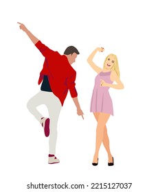 Young man and woman dressed in trendy clothes dancing at club or music concert. Male and female cartoon characters having fun at party. Dancing couple flat vector realistic illustration isolated.