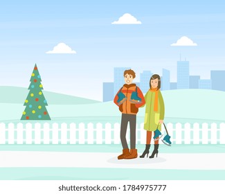 Young Man and Woman Dressed in Warm Clothing Walkig with Skates, Winter Sports Outdoor Activity Vector Illustration