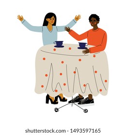 Young Man and Woman Drinking Coffee and Talking in Cafe, Couple in Love, Friends Spending Time Together Vector Illustration