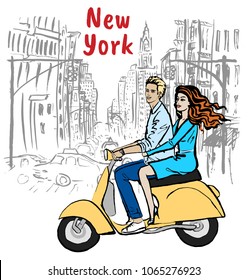 Young man and woman driving scooter in New York, USA. Fashion illustration