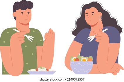 Young man and woman is eating a pasta and greek salad . The concept of healthy lifestyle and proper nutrition. Cartoon character in jeans clothes flat style - Vector