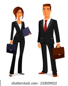 young man and woman in elegant business suit, with briefcase. Businessman and businesswoman, in smart casual office attire. Cartoon illustration.