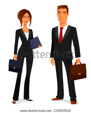 young man and woman in elegant business suit, with briefcase. Businessman and businesswoman, in smart casual office attire. Cartoon illustration.