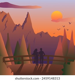 Young man and woman embracing at sunset, looking towards mountain ranges and forest over which the sun is already turning orange. Vector illustration love relationship family life in nature on a trip