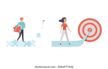 Young Man and Woman Engaged in Business Goal Achievement Aiming at Target Vector Set