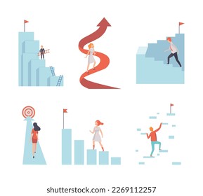 Young Man and Woman Engaged in Business Goal Achievement Aiming at Target Vector Set