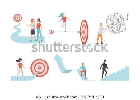 Young Man and Woman Engaged in Business Goal Achievement Aiming at Target Vector Set