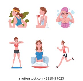 Young Man and Woman Engaged in Daily Routine Activity Vector Set