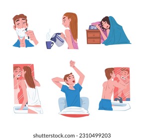 Young Man and Woman Engaged in Daily Routine Activity Vector Set