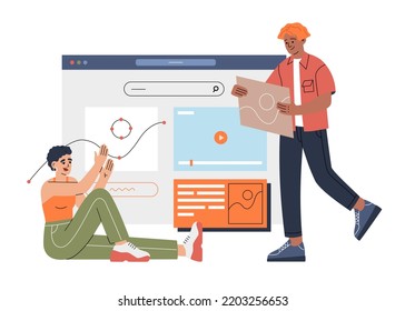 Young man and woman engaged in design user interface. UI, UX designers develop websites and mobile applications. Hand drawn color vector illustration isolated on light background, flat cartoon style.