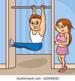 Young man and woman are engaged in fitness. Pull-up Vector Illustration