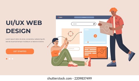 Young man and woman are engaged in web design of websites and mobile apps. UI, UX design, interface creating. Hand drawn color vector illustration isolated on light background, flat cartoon style.